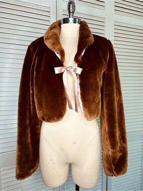 VINTAGE Y2K Frenchi Cropped Chocolate Faux Fur Bolero Jacket Pink Satin Accents